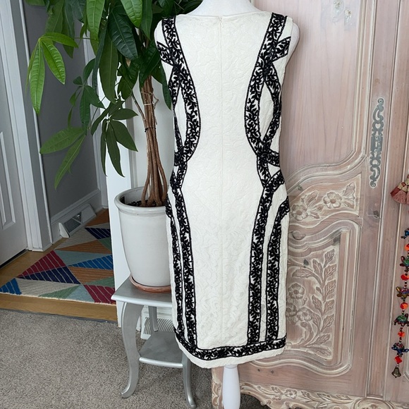 Tadashi Shoji Banded Contrast Color Block Black Ivory Lace Cocktail Dress - Picture 11 of 13